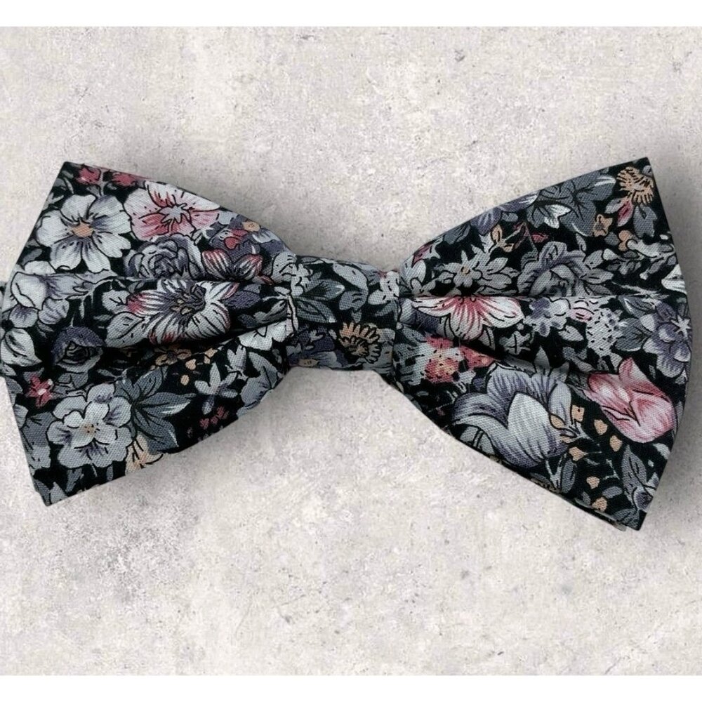 NEW OXFORD STREET Cotton Bow Tie Pocket Square 29.6" Gray Pink Floral W:2.6" - Picture 2 of 8